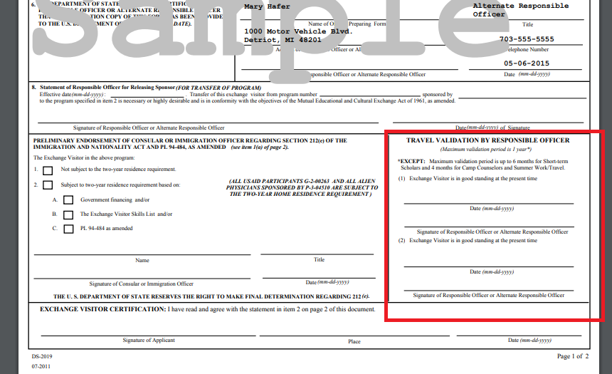 DS-2019 form with travel signature